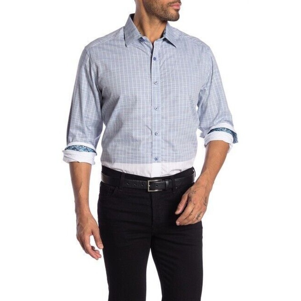 Robert Graham Cano‎ Patterned Long Sleeve Classic Fit Shirt  Blue White Size 2XL